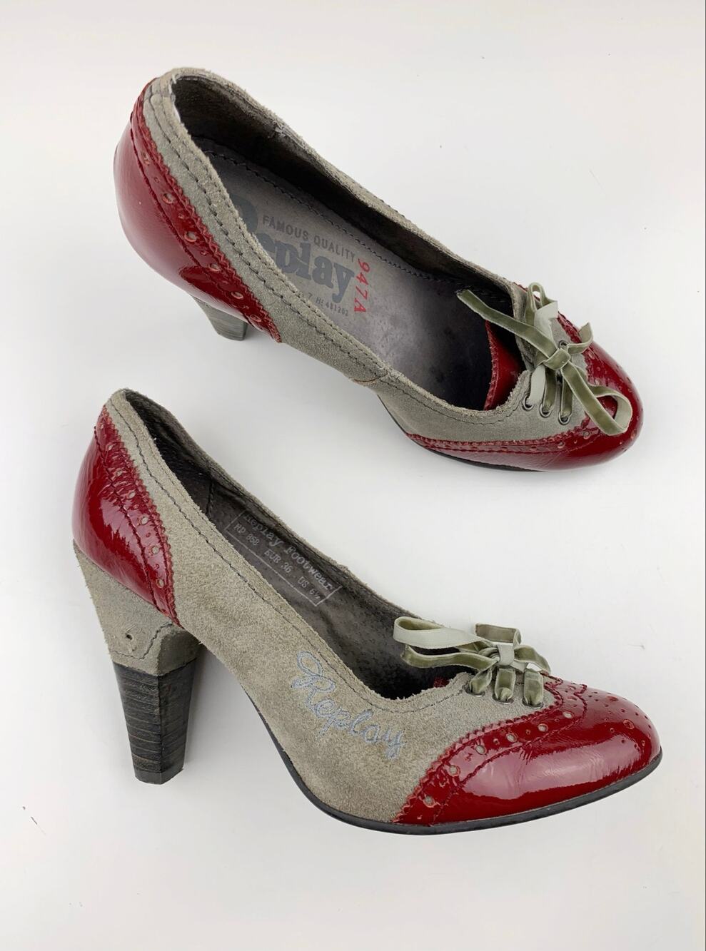 Replay Retro Wingtip Lace Up Heels Grey Suede Oxford Women's 6.5